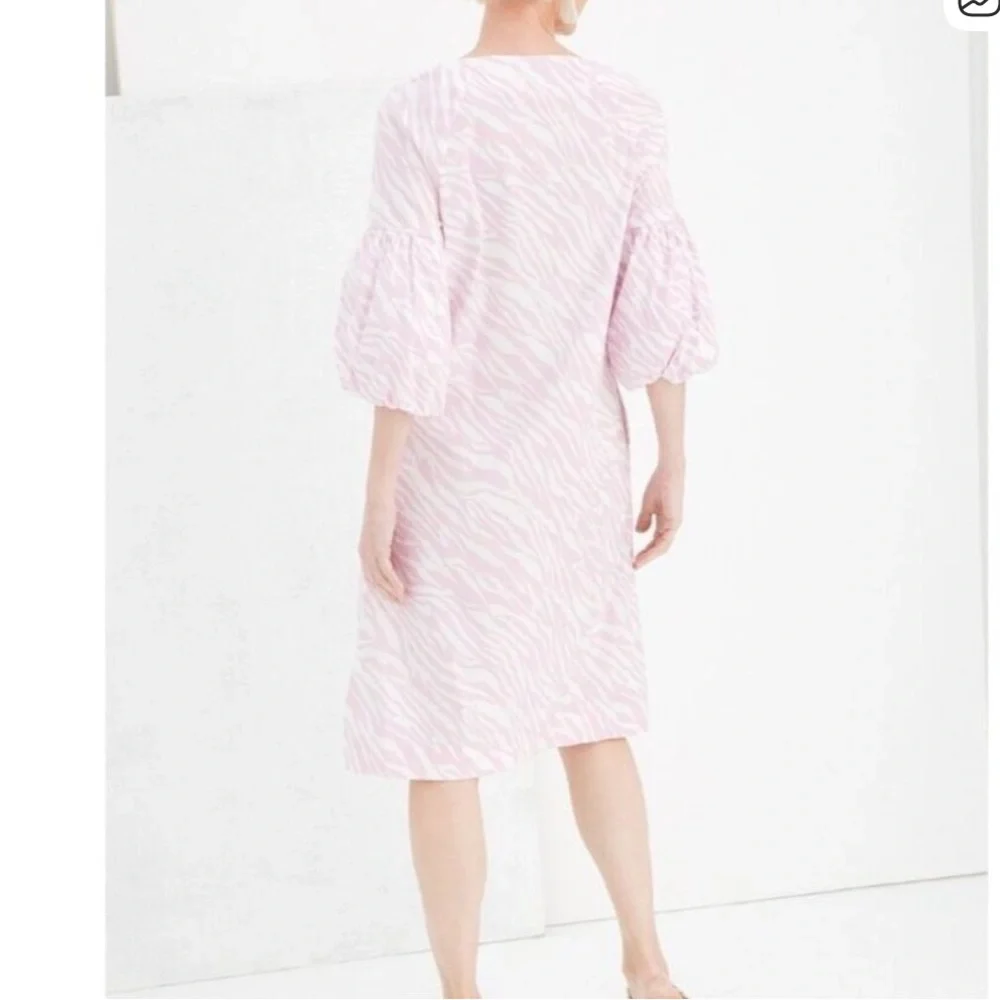 Chico's Light Pink white zebra print balloon sleeve midi dress L 12/14 - Picture 3 of 16